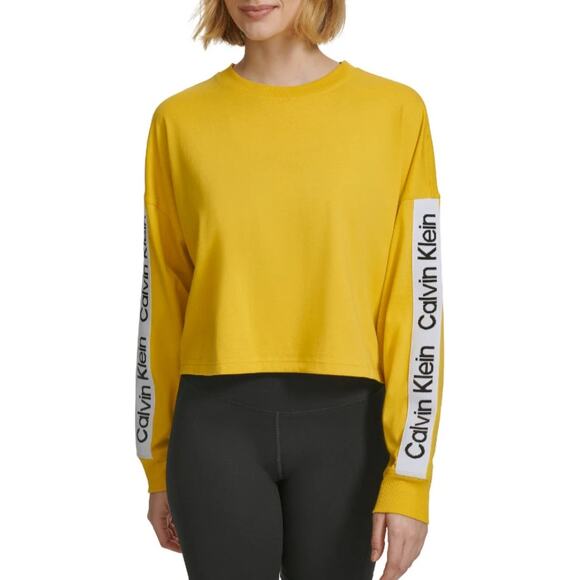 Calvin Klein Performance (M) Cropped Logo Stripe Long Sleeve Crew Neck Top Tee - Picture 2 of 9